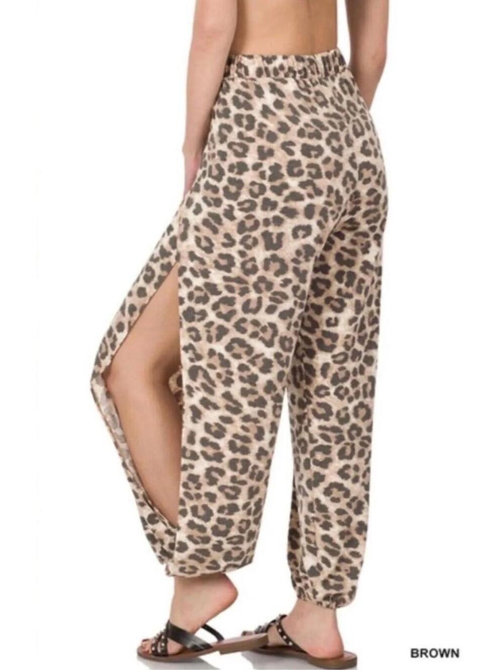 Zenana Brown Leopard Print Harem Pants 2X Boho Wide Leg Slit Pants Plus Size - Picture 5 of 7